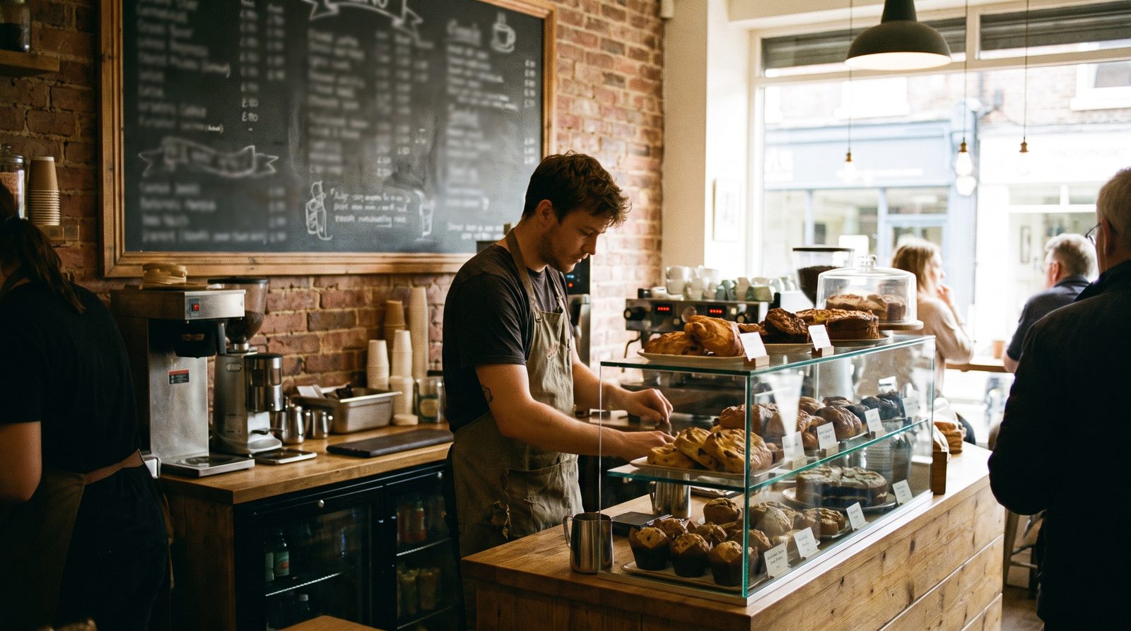 A small British café with a large chalkboard menu behind the counter and a barista at a glass display of pastries