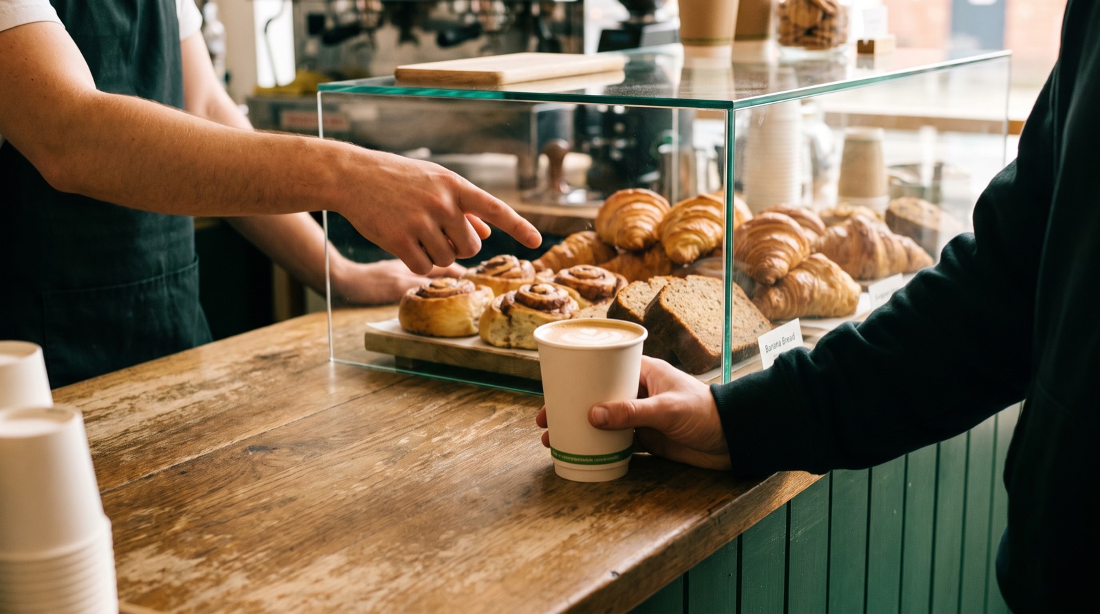 A barista pointing a customer towards fresh pastries in a glass display on the café counter