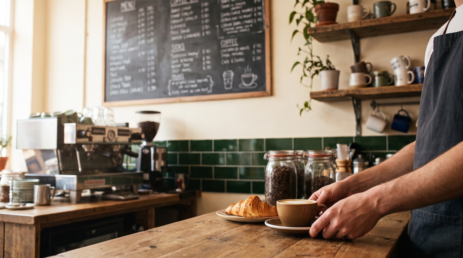 A barista placing a flat white and a croissant on a café counter in front of a chalkboard menu