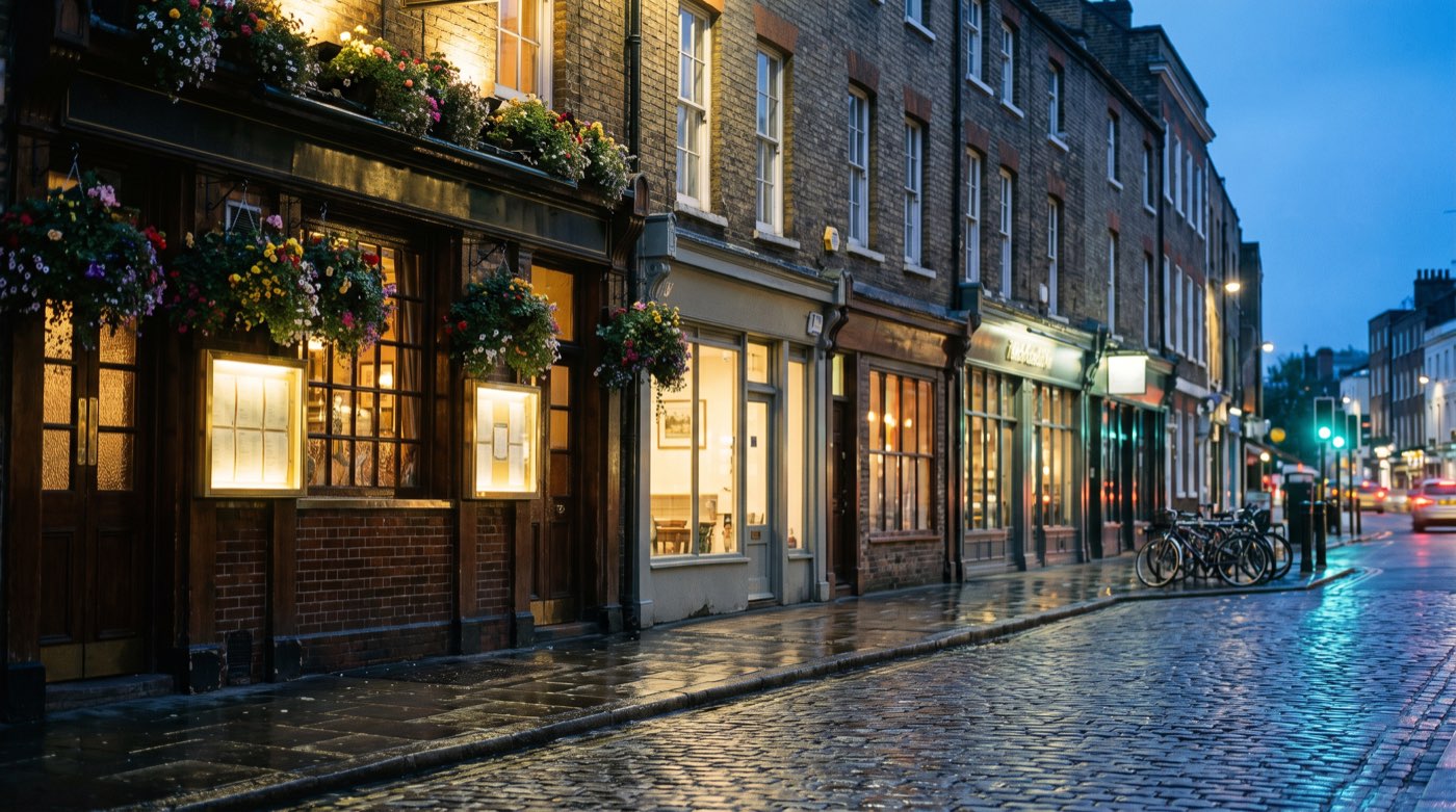 A British high street at dusk with a pub, a café and a restaurant side by side