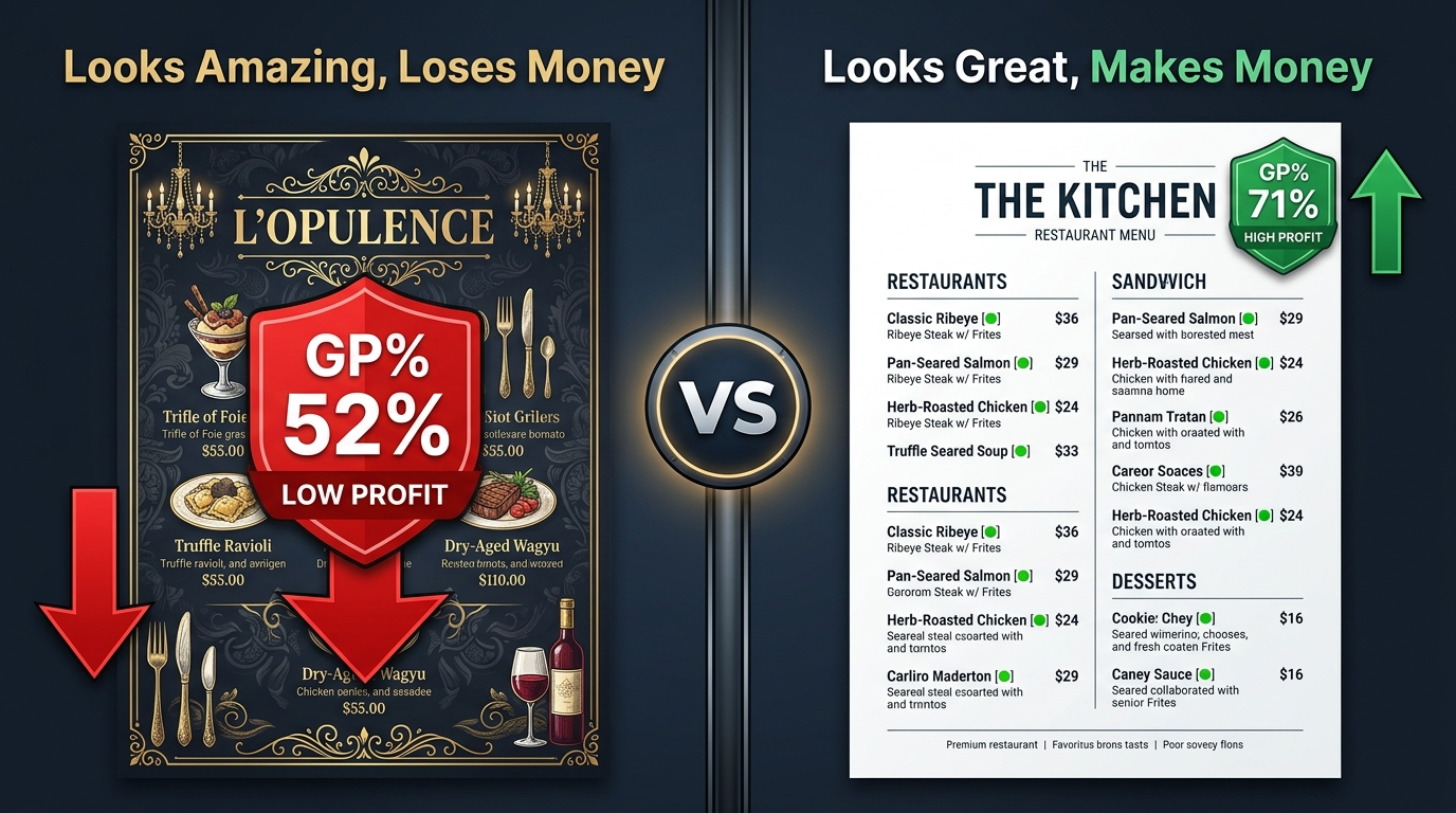 Split illustration showing a beautifully designed menu that loses money versus a data-driven menu that combines design with food cost tracking for profitability