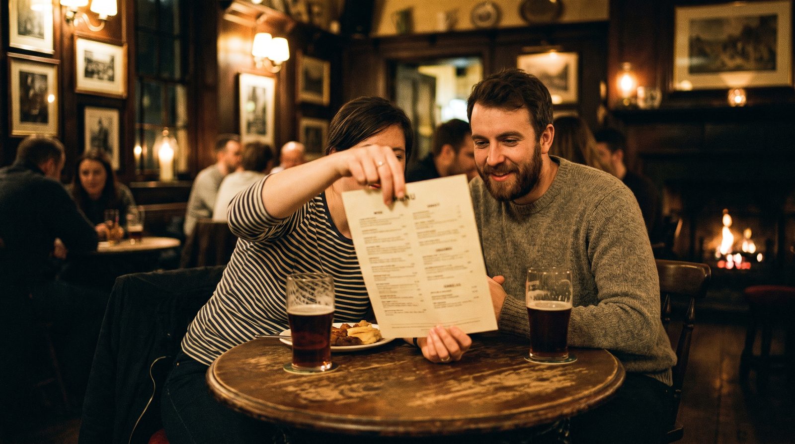 A couple in a British pub reading a single-page menu together, pints on the table and a fire in the background