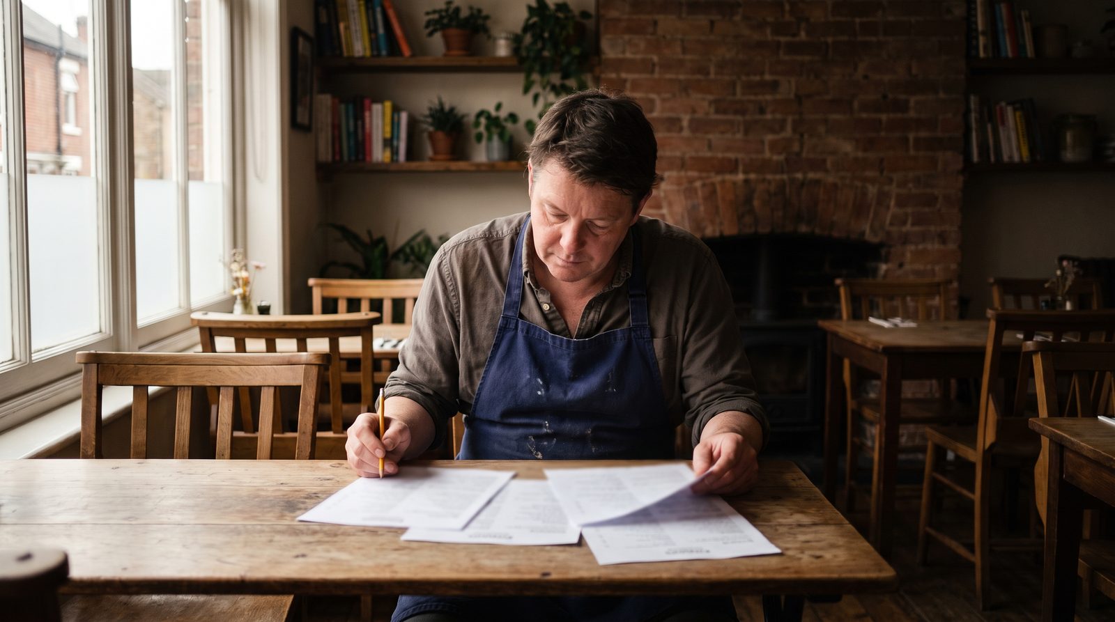 A restaurant owner at a wooden table before service, marking up printed drafts of a new menu with a pencil