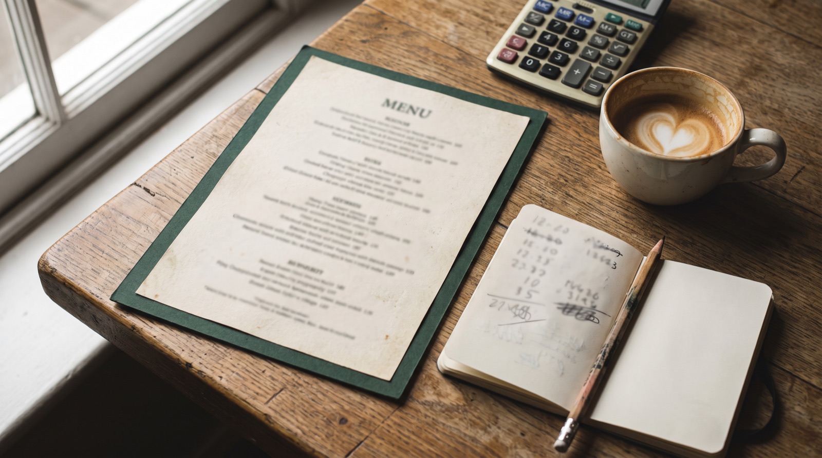 A printed menu on a pub table beside a notebook of handwritten price calculations, a calculator and a flat white