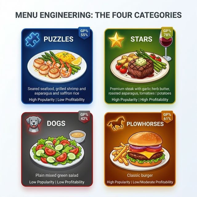 Four menu engineering categories explained: Stars (high profit, high popularity), Puzzles (high profit, low popularity), Plowhorses (low profit, high popularity), and Dogs (low profit, low popularity)