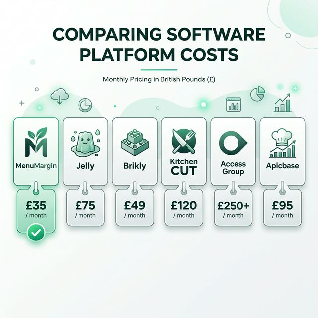 Comparison of menu engineering software pricing for UK restaurants: MenuMargin free to start then £29 one-off or £39/month, Jelly £129, Brikly from £39, Kitchen CUT from £66, Access Group and Apicbase custom pricing