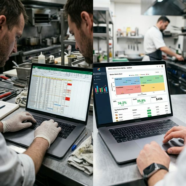 Comparison between manual spreadsheet menu engineering and automated software showing the difference in clarity and usability
