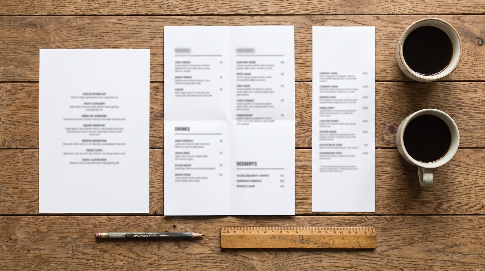Three menu formats laid out on a wooden table: a single A4 card, a folded A3 sheet and a tall takeaway leaflet, with a pencil and ruler