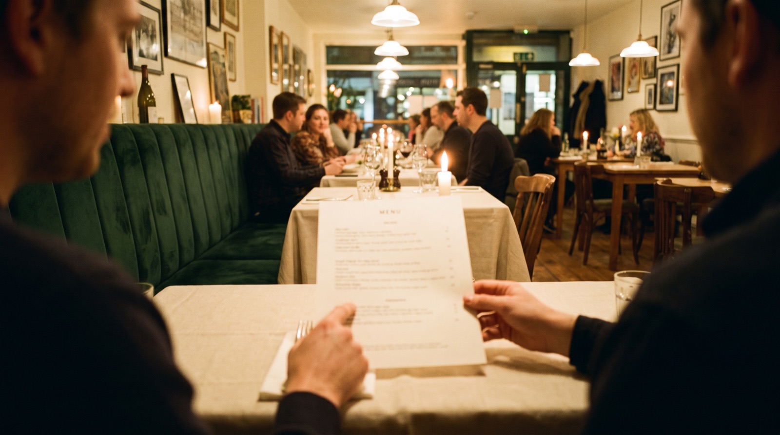 Two diners reading a single-page menu together at a candlelit restaurant table