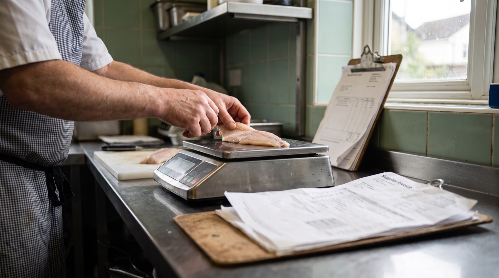 A chef weighing a portion on digital kitchen scales beside a supplier invoice