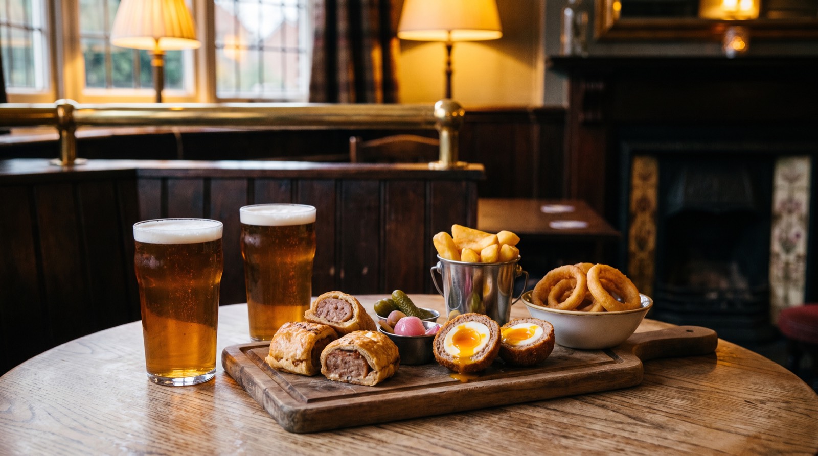 A pub table with two pints, a sharing board of sausage rolls and scotch eggs, chips and onion rings