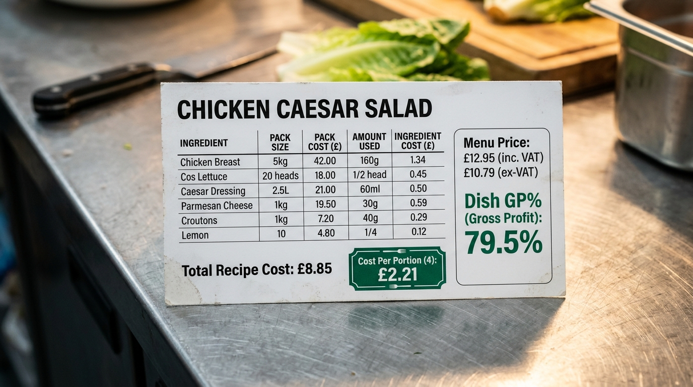 Recipe costing card example with GP% calculation