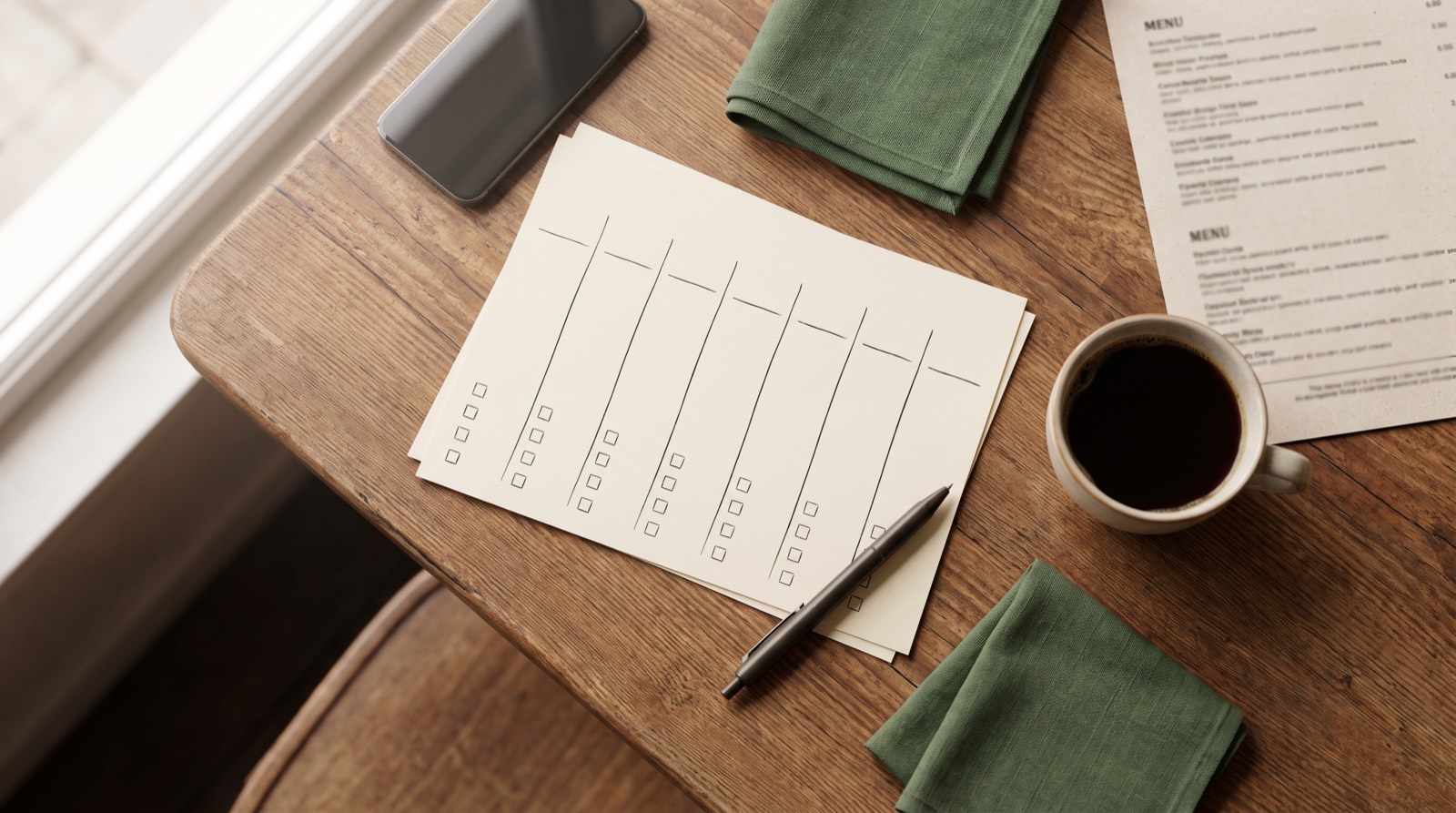A weekly planner with tick boxes, a pen and a coffee on a café table before opening