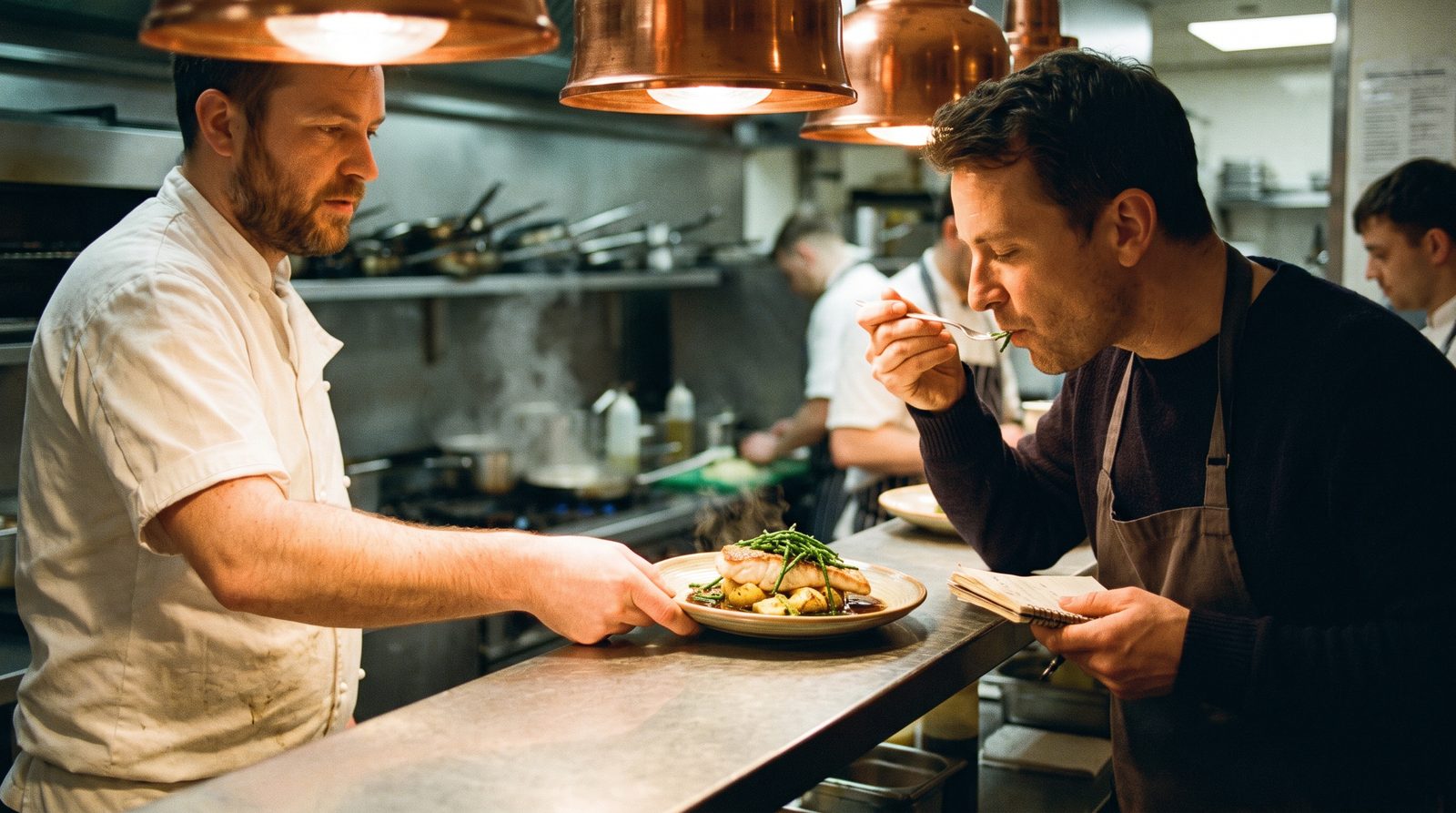 A chef at the pass presenting a plate of hake with samphire to the owner, who tastes it with a notebook in hand